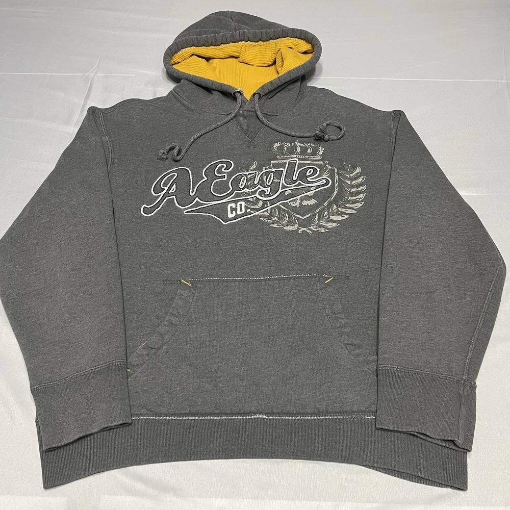 Y2K American Eagle Hoodie Mens Large Gray Varsity Fit Sweatshirt 00s Heavyweight
